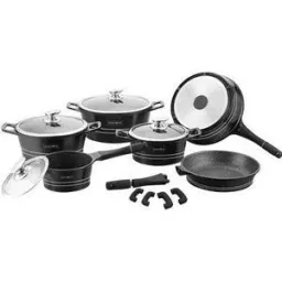 Marbled cookware set - 14 pieces - glossy black